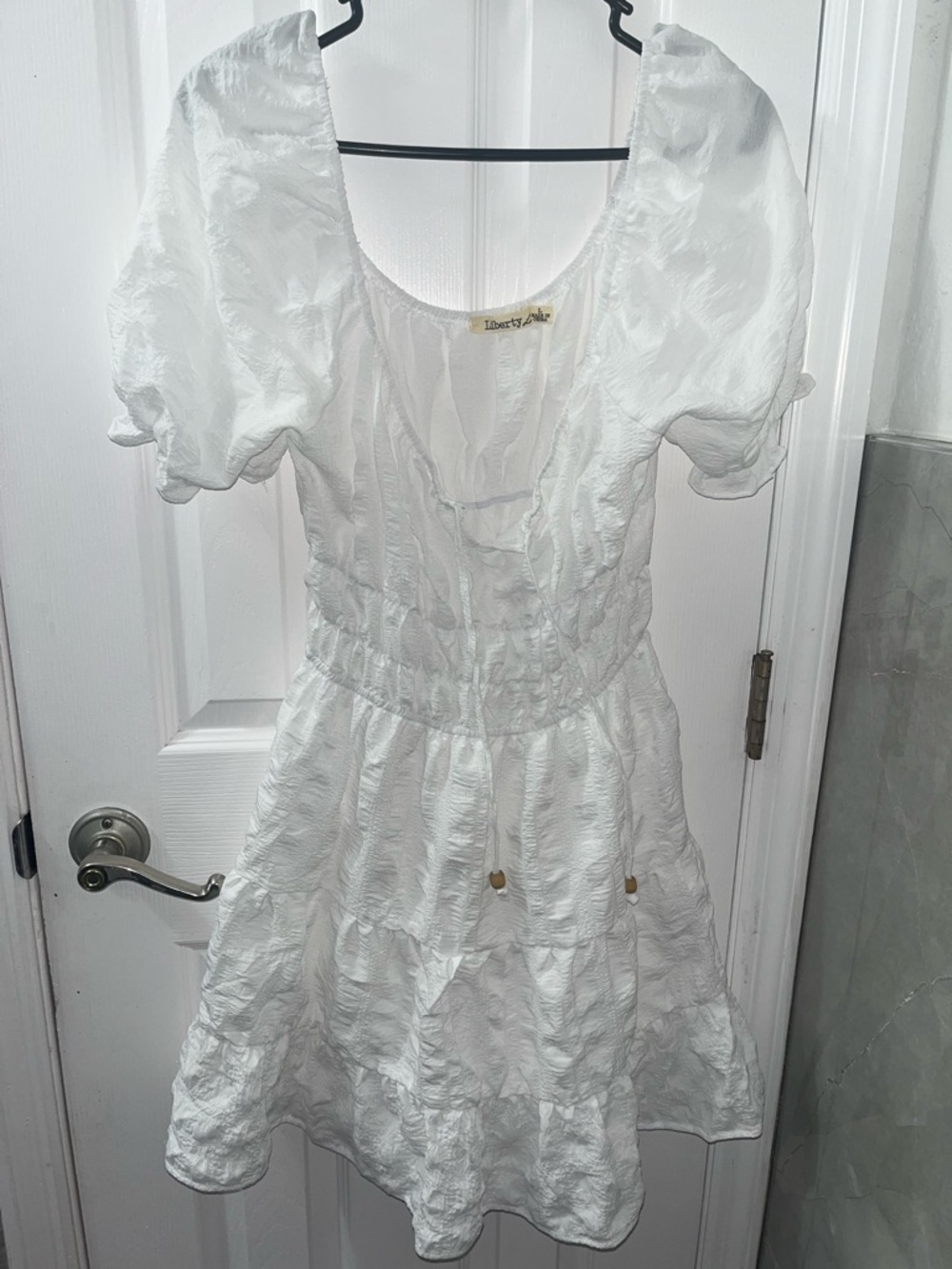 liberty White Textured Puff Sleeve Dress